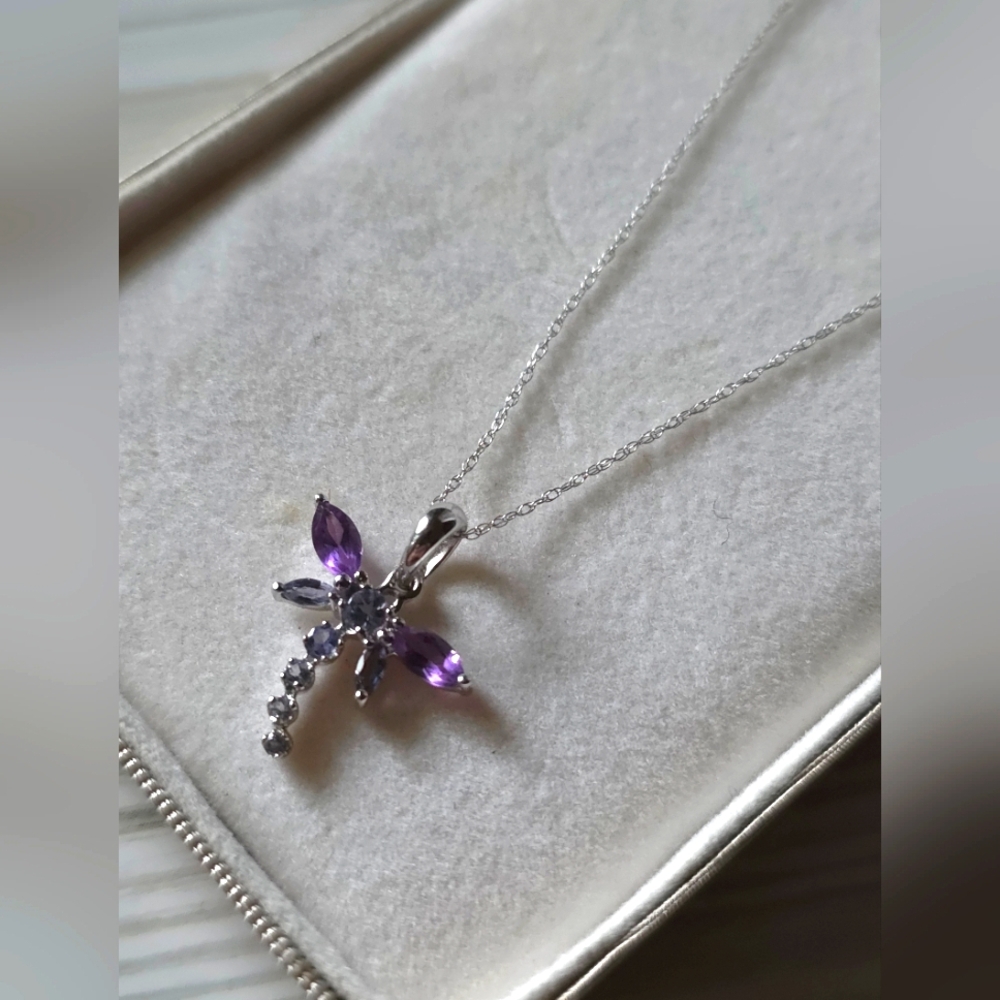 Zales | 10k Solid White Gold | Amethyst Dragonfly Pendant & Necklace | Nwot